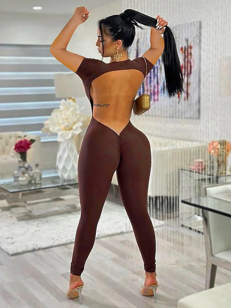 

Dulzura Short Sleeve V Neck Backless Jumpsuit For Women Ruched Rompers Skinny Sexy Bodycon Outfits Streetwear Club 2023 Summer