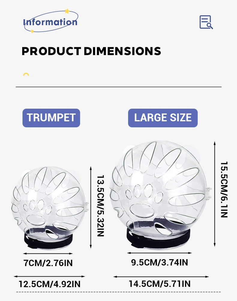 A size chart comparison between the "Trumpet" and "Large Size" cat muzzle options, detailing measurements in centimeters and inches for height and width.