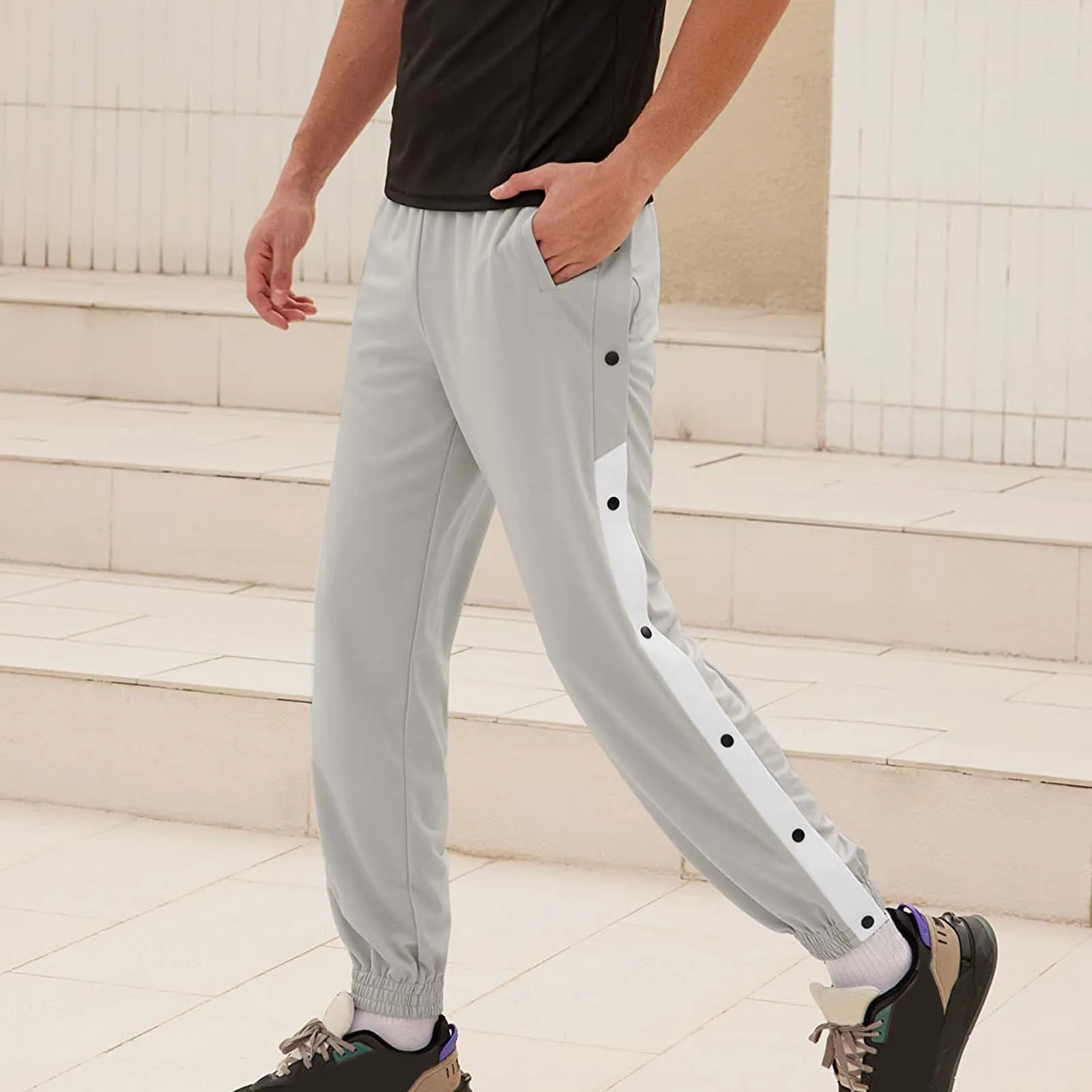 Fashion Mens Casual Pants Bottoms Gym Fitness Workout Sport Trousers Man Elastic Waist Side Split Button Sweatpants Jogger Pants