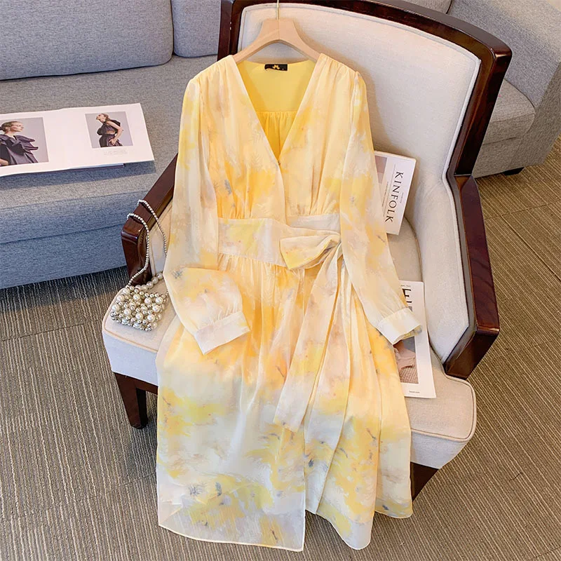 

150Kg Plus Size Women's Bust 149 Spring Autumn V-Neck Chiffon Dress Temperament Pocket Floral Dress Yellow 5XL 6XL 7XL 8XL 9XL