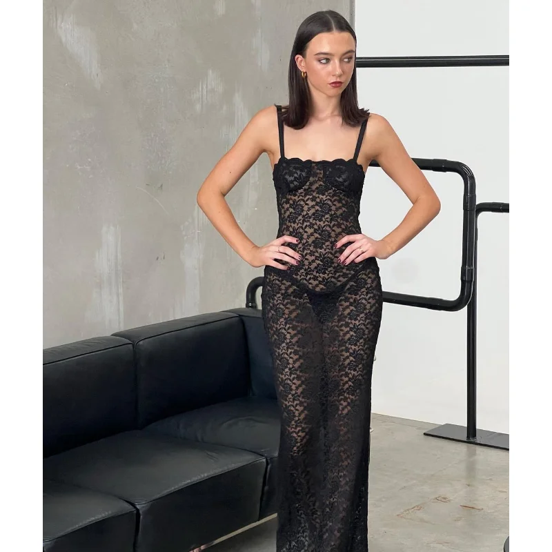 Lace Black Dress Female Slim Hollow Out Spaghetti Backless Dress Elegant Party Evening Gown Split Women Maxi Dress Summer