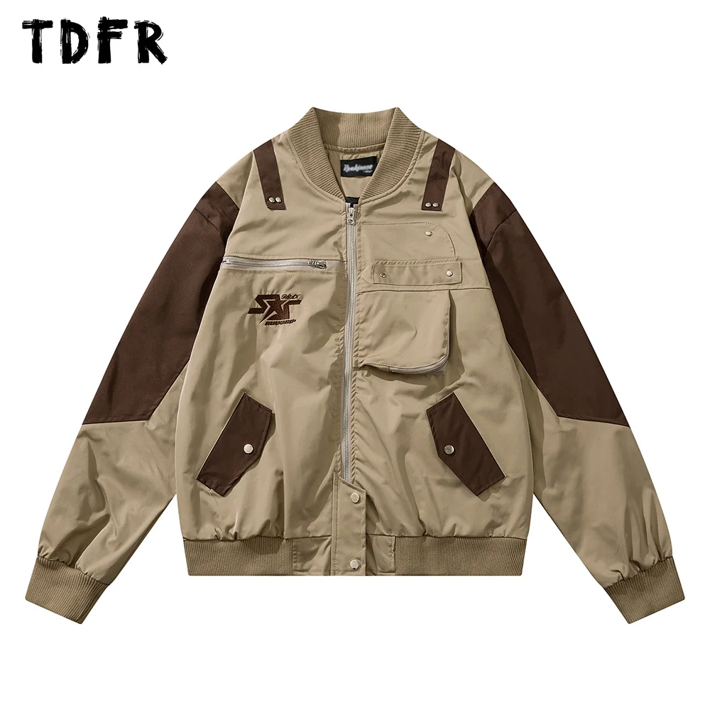 

Pocket Cargo Jacket Mens Zipper Decoration Contrast Paneled Stand collar Long Sleeve Outerwear Men
