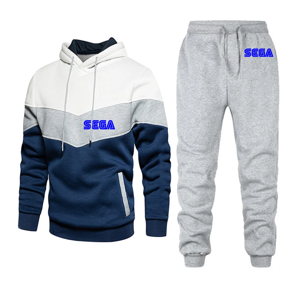 2023 Sega Spring and Autumn New Model Print Men Casual Three Color Stitching Patchwork Hoodies+ Trousers Set