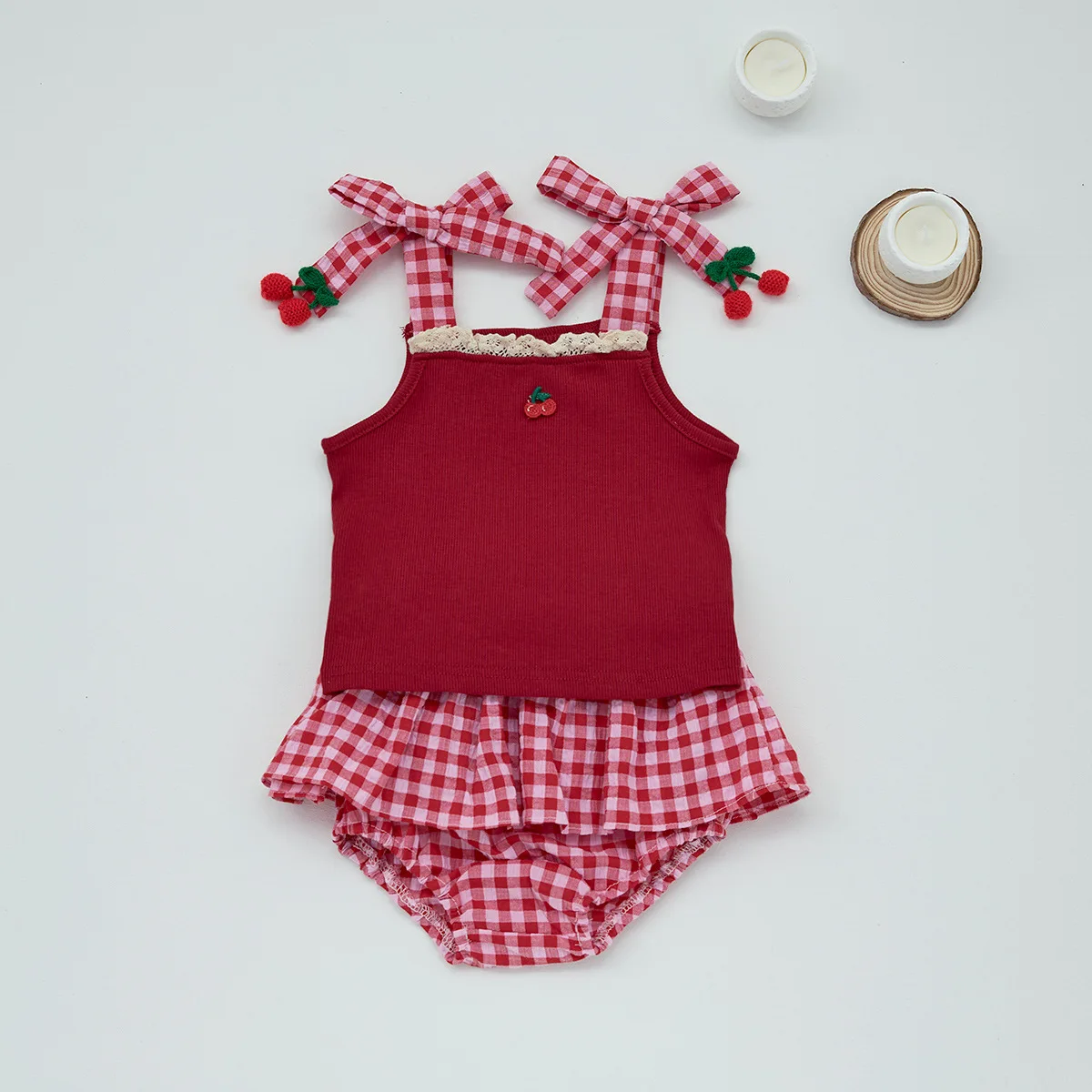 Cotton Summer Baby Girls Cherry Tee and Plaid Bloomers Set