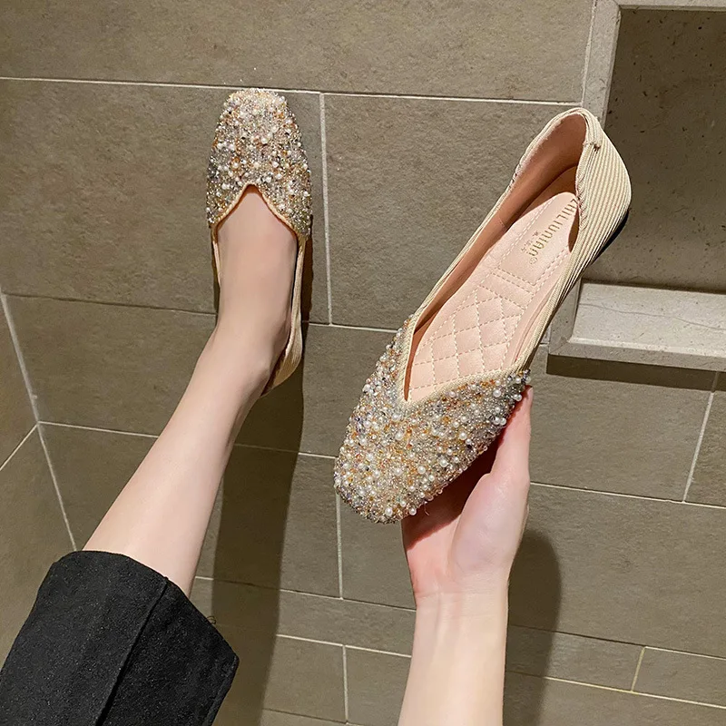 Women's Pearl Beaded Flats Shoes Spring Square Toe Loafers Female Shallow Slip On Mocasines Mujer Sequined Ballets Shoes Ladies