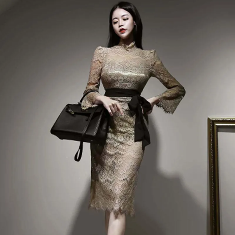 

Autumn New Korean Version Temperament Slim Mid-Length Lace-Up Lace Dresses Women'sSheath Pencil Dresses Party Bodycon Vestidos