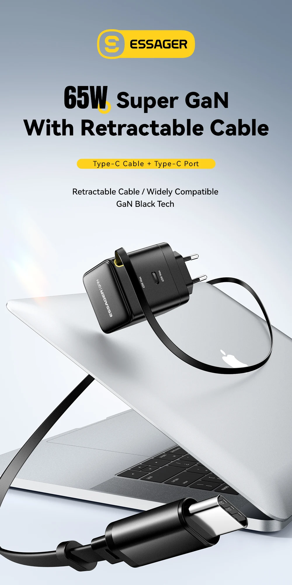Essager 65 W GaN-Ladegerät mit einziehbarem, flexiblem Kabel PD-Schnellladung für iPhone 16 15 Laptop MacBook Typ-C-Telefonladegerät – Detail 1