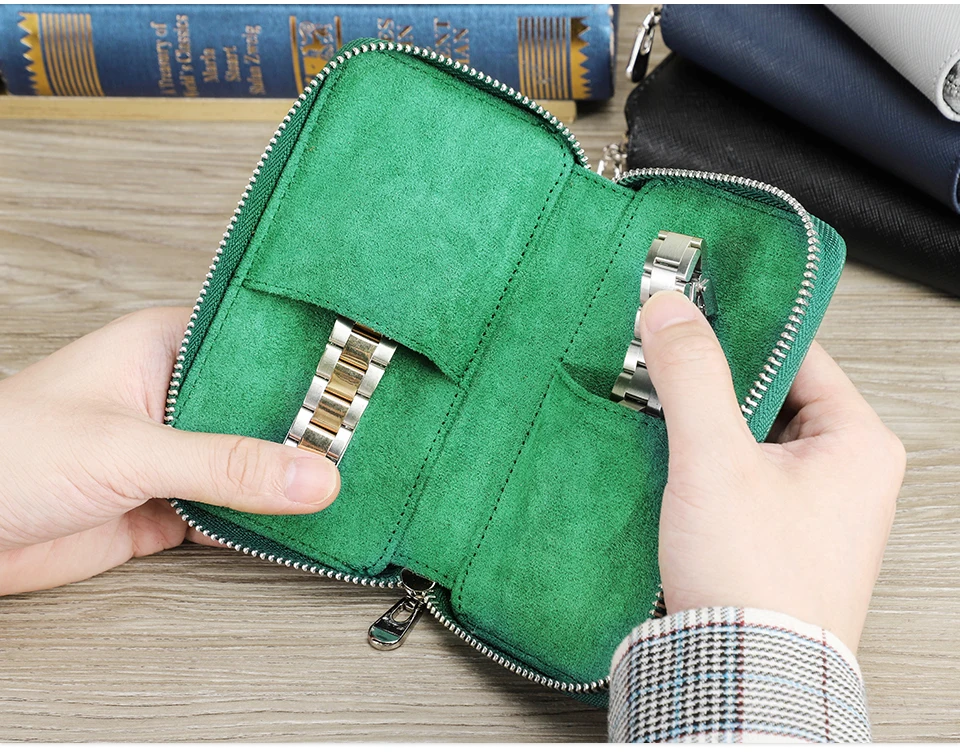 CONTACTS FAMILY Luxus-Tasche mit Reißverschluss, tragbare Reise-Organizer-Tasche für 2 Uhren für Männer und Frauen, Geschenk aus echtem Leder – Detail 8