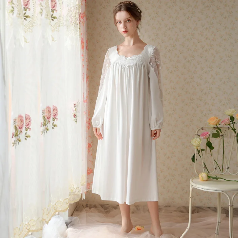 French Princess Long Sleeve Lace Sleepwear Nightgown Lady Home Dress Sexy Loose Home Clothing