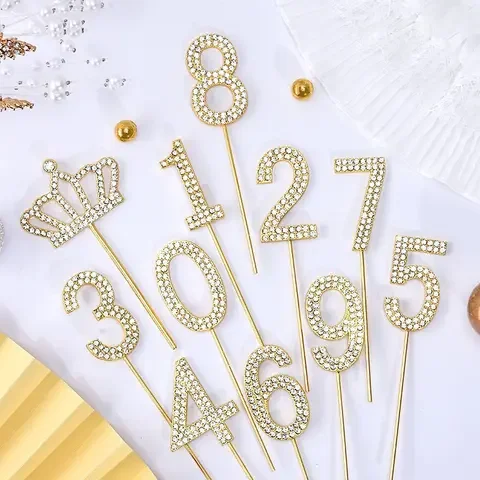 

Metal Rhinestone Gold Silver Number Cake Topper 0-9 Cake Decorating Birthday Party Anniversary Decor Wedding Baby Shower Suppli