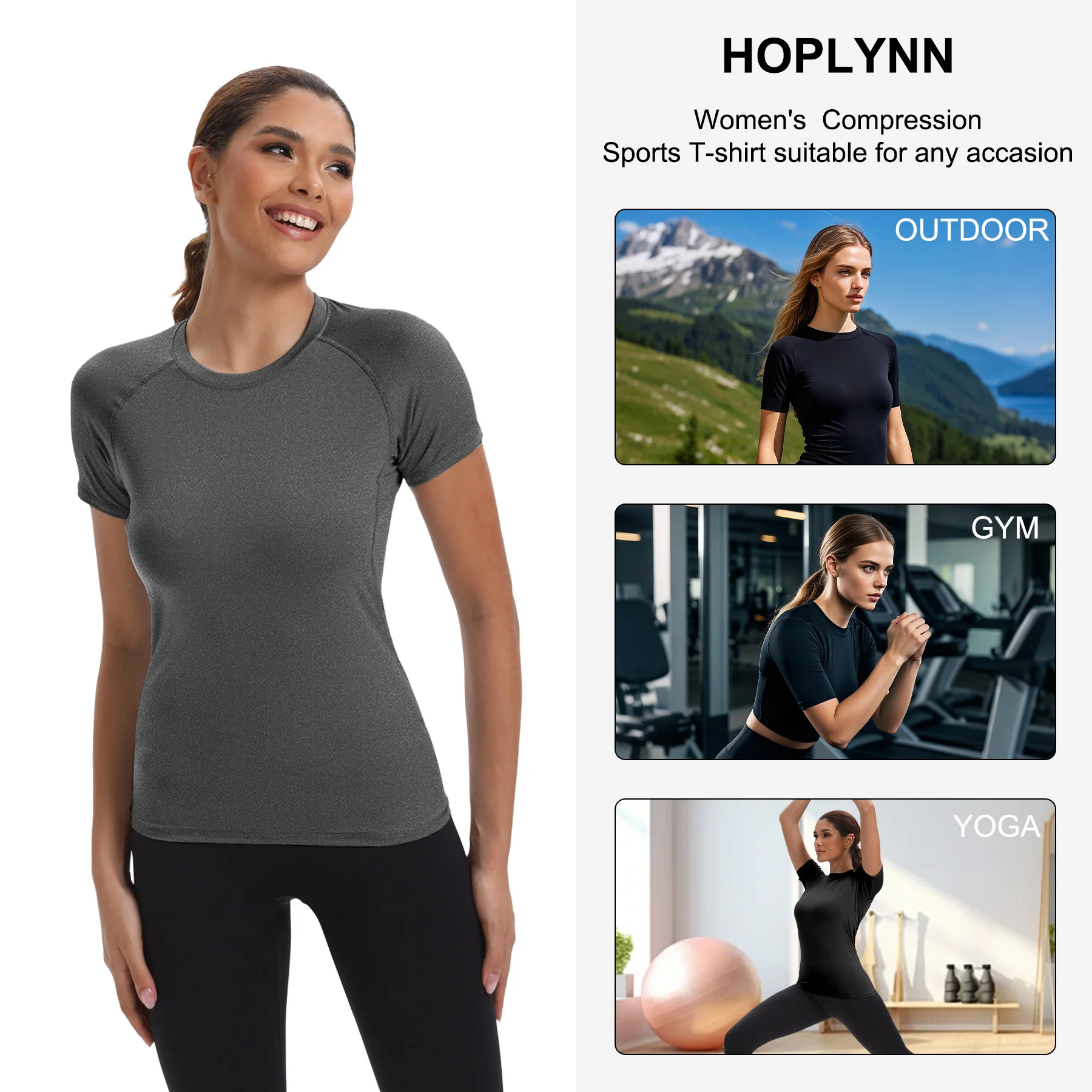 HOPLYNN 1 PC تي شيرت نسائي ضاغط بأكمام قصيرة، رياض...