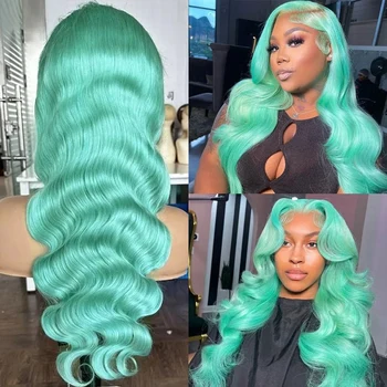 Mint Green Colored Body Wave Human Hair Wig Hd Lace Wig 13x6 Human Hair PrePlucked Brazilian Remy Hair Lace Front wigs For Women 1