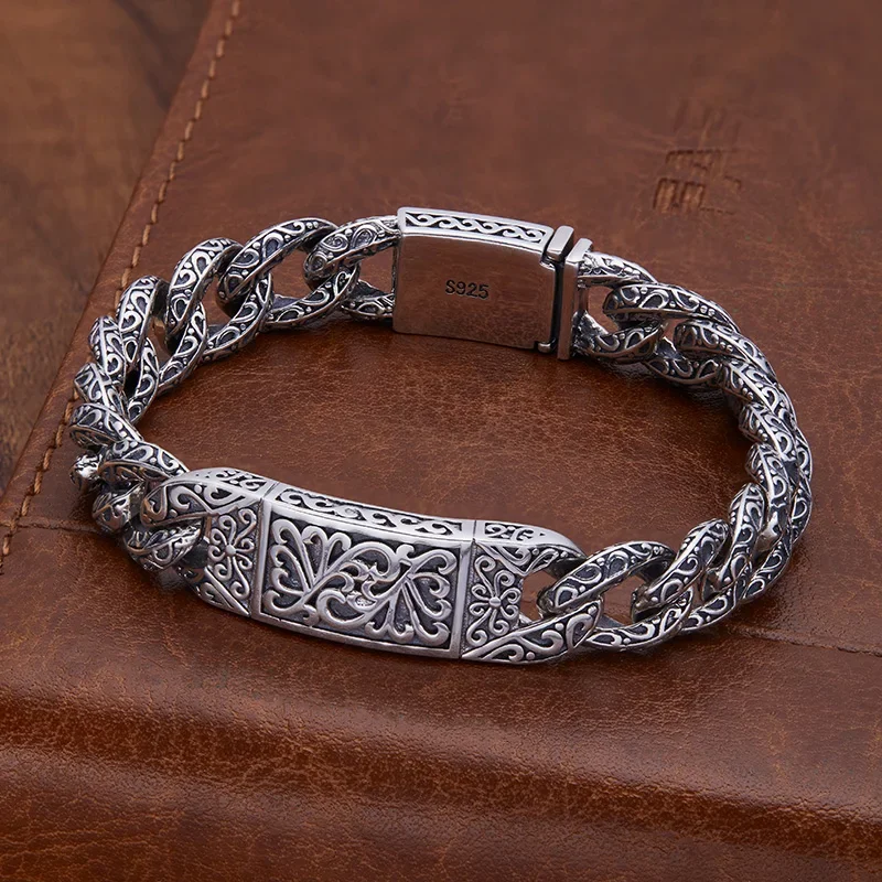 

UMQ S925 Sterling Silver 11mm Retro Tang Grass Vine Pattern Pin Buckle Men's and Women's Bracelet Fashion Trend Jewelry Gift