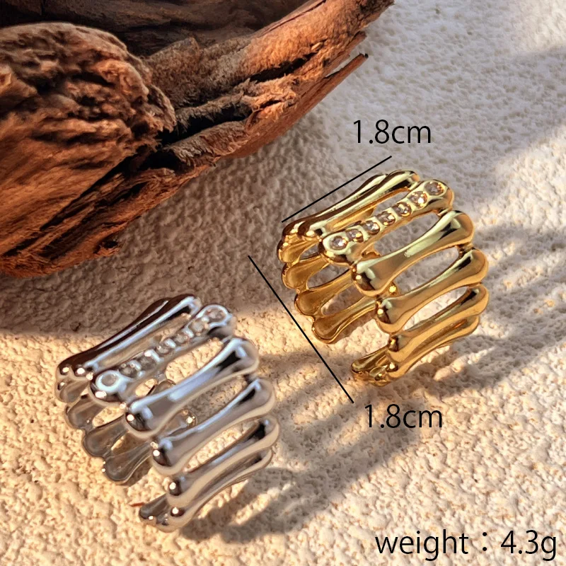 Classic Personality Hollow Wide Rings Stainless Steel Inlaid Zircon Temperament Geometric Knuckle Ring Versatile Daily Jewelry