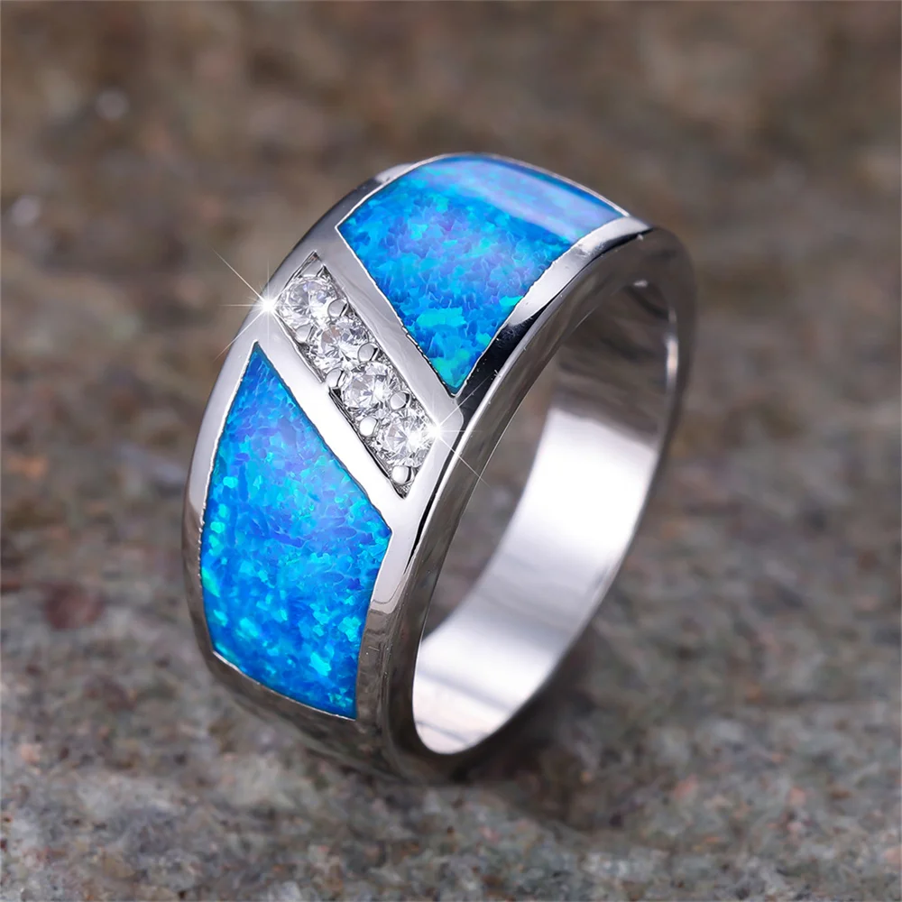 Luxury Crystal Small Stone Blue Opal Rings For Women Vintage Fashion Silver Color Wedding Band Engagement Jewelry Birthday Gifts