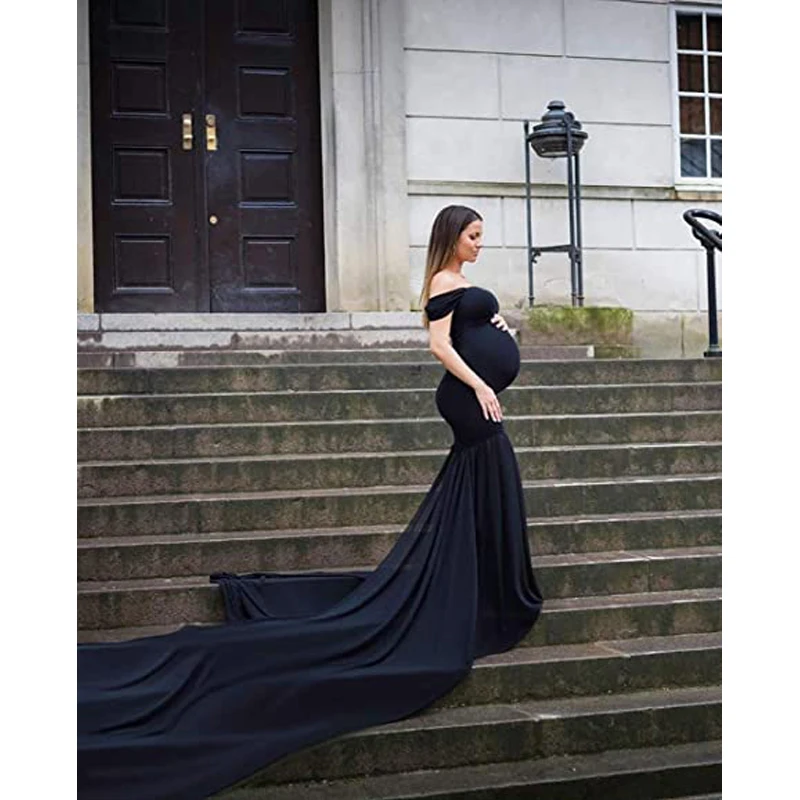 

Maternity Chiffon Mermaid Gown Off Shoulder Dropped Sleeve Fitted Photo Shoot Photography Dress