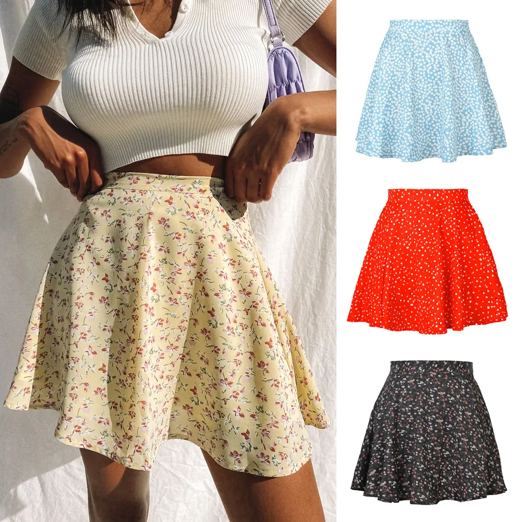 Summer Women Short Skirt Floral Print Zipper Printed Pleated Skirt Fit Middle Waist Women Sweet Elegant WSL4427 1