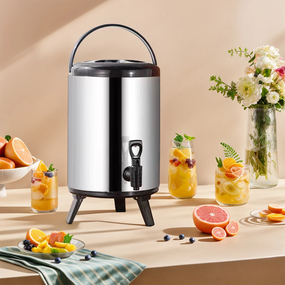 Stainless Steel Insulated Beverage Dispenser 6L/8L w/ Faucet Milk Tea Buckets Ideal for Water Milk Tea Coffee