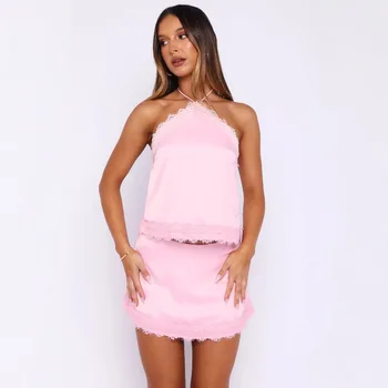 Completo da Donna in Raso: Top Corto Senza Maniche e Gonna, Set Estivo Casual 2 Pezzi per Ogni Giorno, Outfit da Sera Femminile