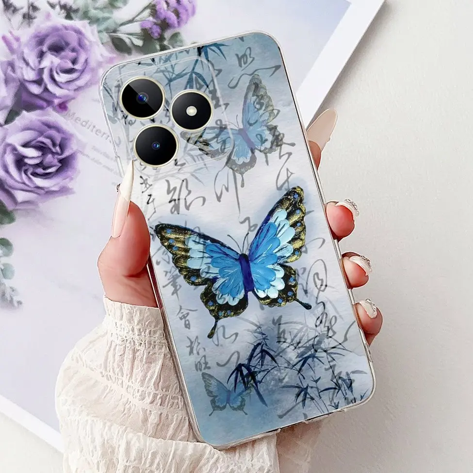 Clear Cute Cat & Butterfly Design Phone Case with Flower Accents - Stylish Protective Back Cover