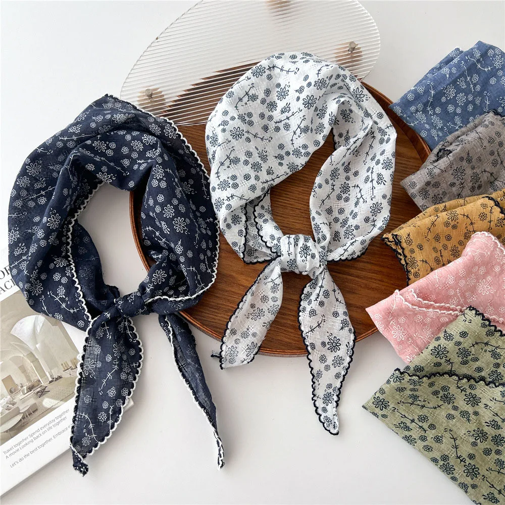 Small Flower Triangle Scarf Women Cotton Linen Scarves All-match Decorative Shawl Korean Version Shawl for Ladies Neckerchief 2