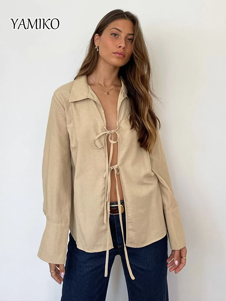 

Белая хлопковая льняная рубашка YAMIKO, Женская Повседневная Элегантная блузка с запахом, на шнуровке, с отворотом, Офисная Женская одежда от солнца, рубашка с длинным рукавом, Топ 2024