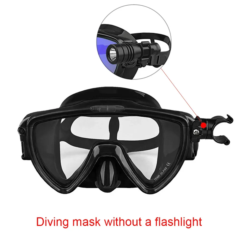 Scuba Diving Mask with flashlight Bracket, Liquid Silicone Face Mask,Tempered Glass, Anti-Fog Snorkel Mask Strap Mount Clip