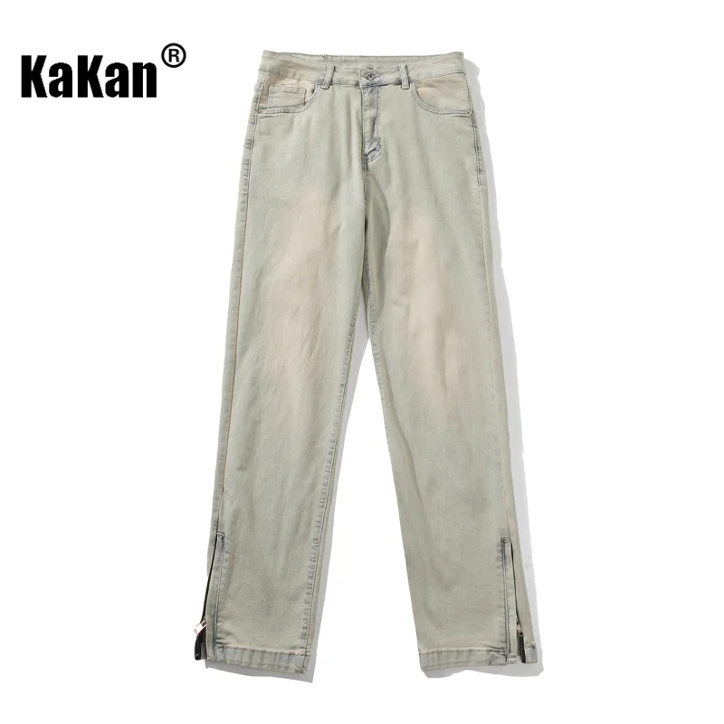 Kakan Side Zipper Split Washed Yellow Mud Dyed Jeans, High Street  Brand Long Jeans K24-ASN720