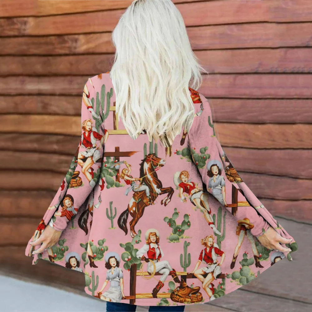

2023 Autumn Fashion Circus graphics Print Cotton Women Cardigans Casual Office Windbreaker Jacket Women Medium Length Cardigan