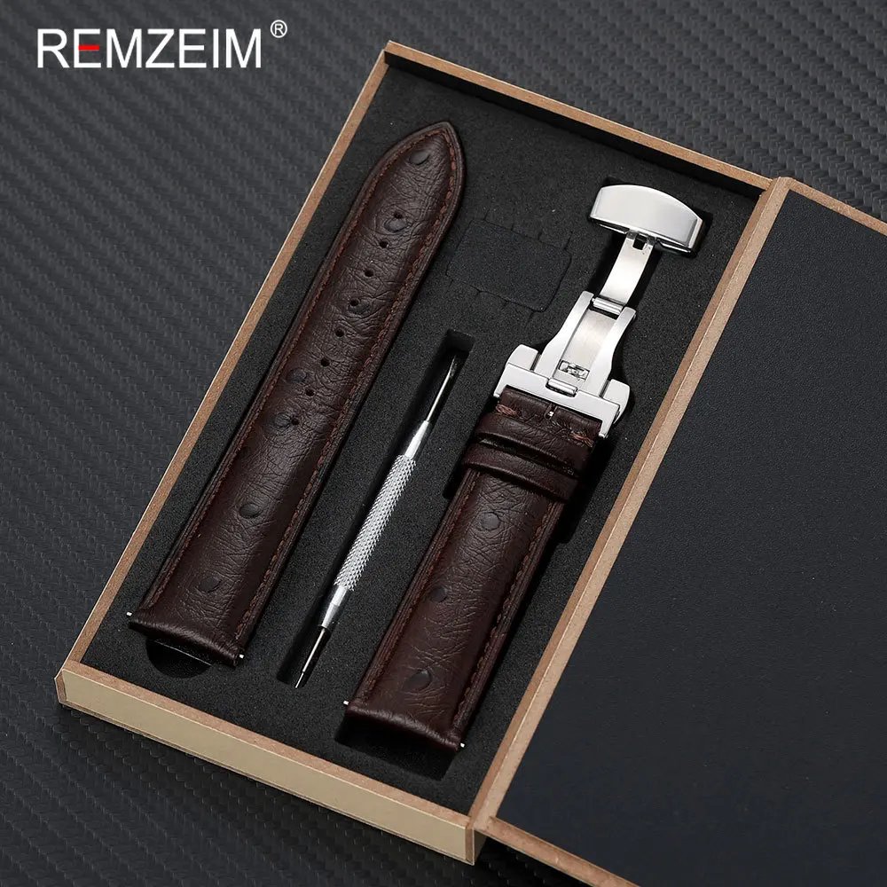 Unisex Genuine Leather Watch Strap with Stainless Steel Butterfly Buckle and Gift Box