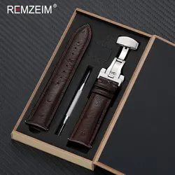 Unisex Genuine Leather Watch Strap with Stainless Steel Butterfly Buckle and Gift Box - 22mm (Dark Brown)