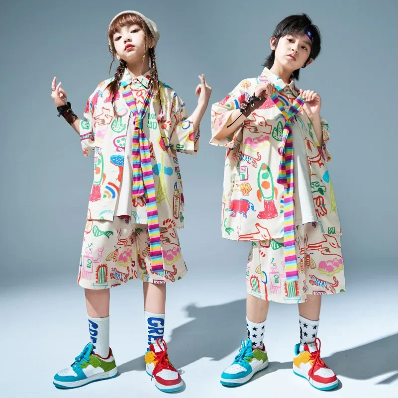 

New Street Dance Clothes for Girls Cartoon Print T Shirt Shorts Kids Modern Hip Hop Performance Suit Teens Cheerlead Dance Wear