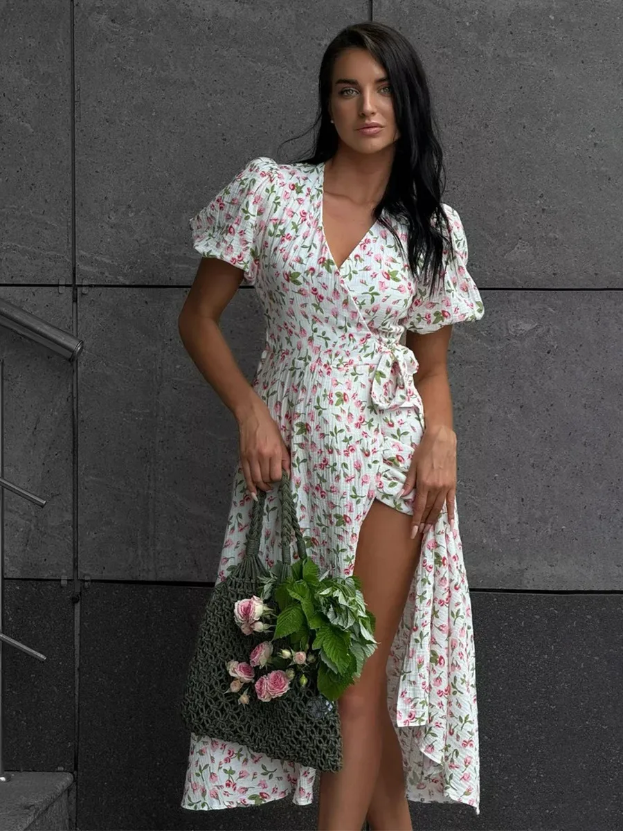 Women's Loose Fit Cotton Blend Maxi Dress with V-Neck & Short Sleeves S6fe84709dc8e4a8bb9aec3030f2af3fbz