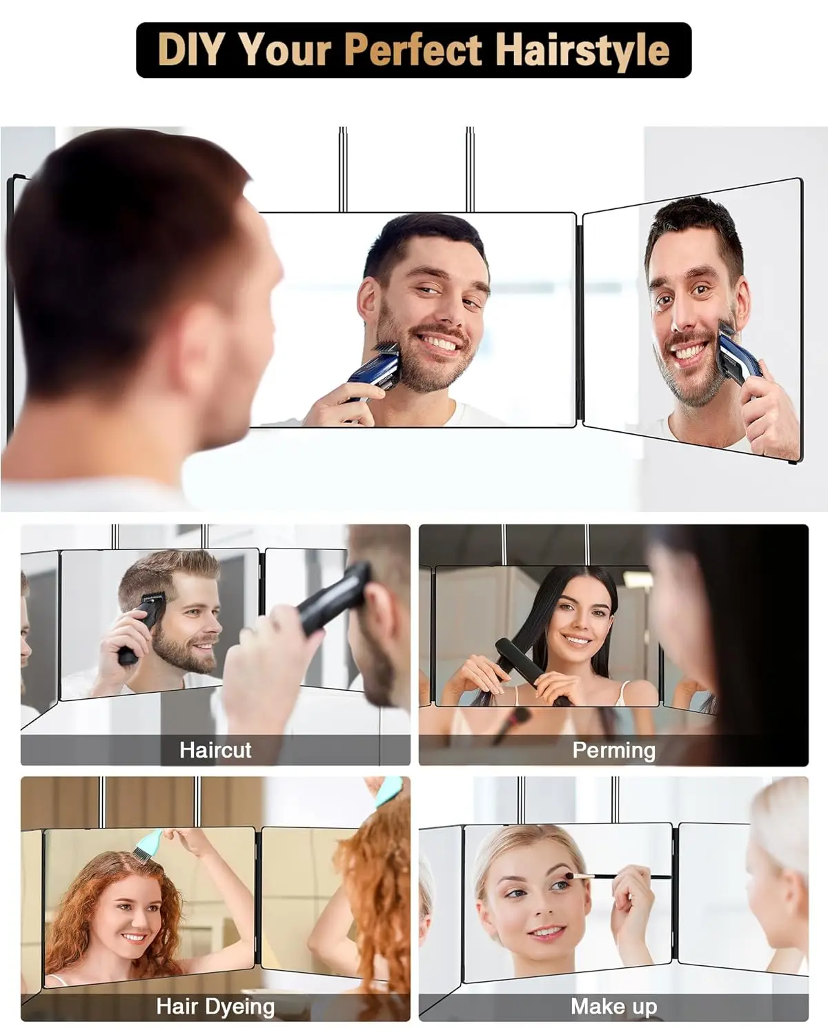 360 Trifold Mirror Portable Height Adjustable Telescoping Hooks for Self Hair Cutting Makeup mirror