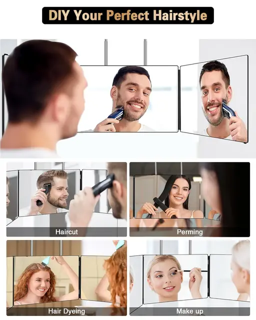 Miroir à trois volets Portable 360 avec crochets télescopiques réglables en hauteur, idéal pour une coupe de cheveux, maquillage essentiel pliable 6