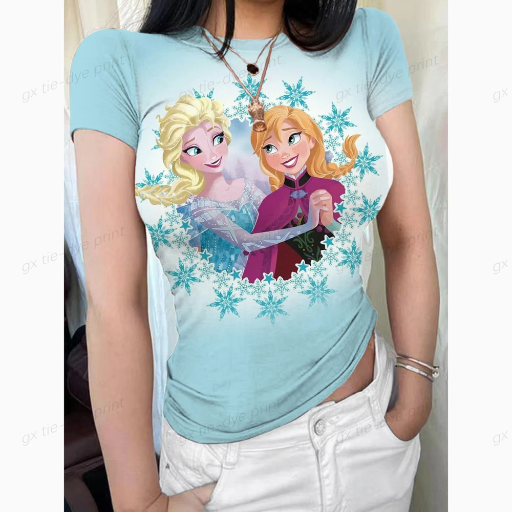 

Women T-Shirt O-Neck Oversized Top Elegant Disney Princess Print Ladies Clothing Summer Short Sleeve Tee Harajuku Female Pullove