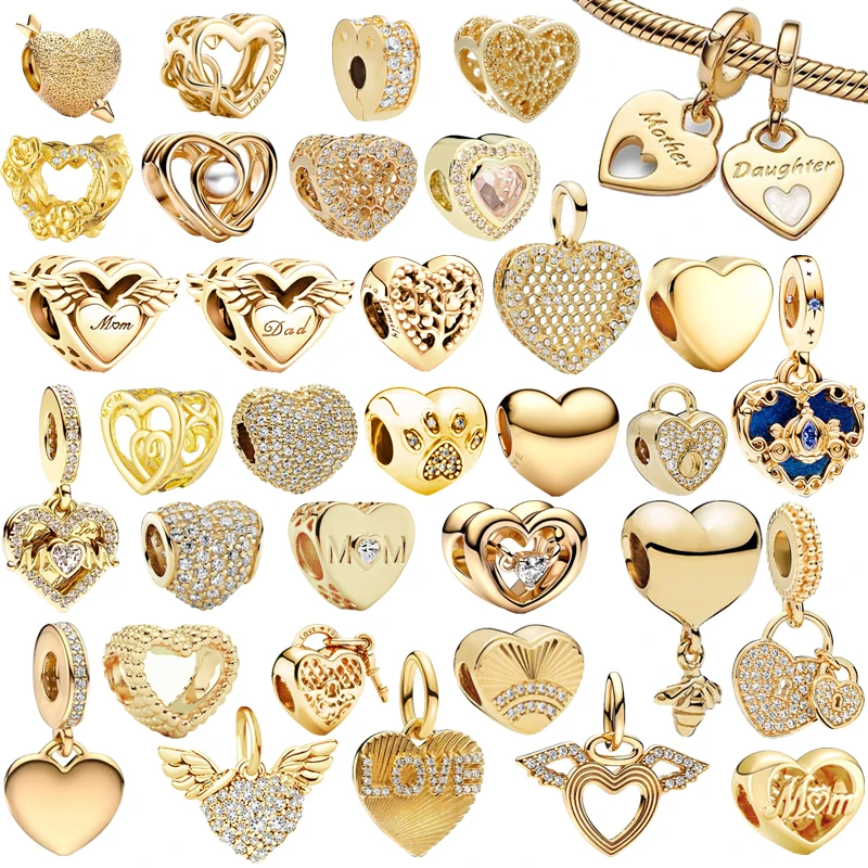 Sparkling Gold Angel's Wings Mum & Dad Lock Hearts Charm Beads Fit Original European 925 Silver Bracelet DIY Women Jewelry Gifts beads charms,charm jewelry,charm bead,silver charm bracelet,beads jewelry,silver charm bead,sterling silver beads charm,silver bead bracelet