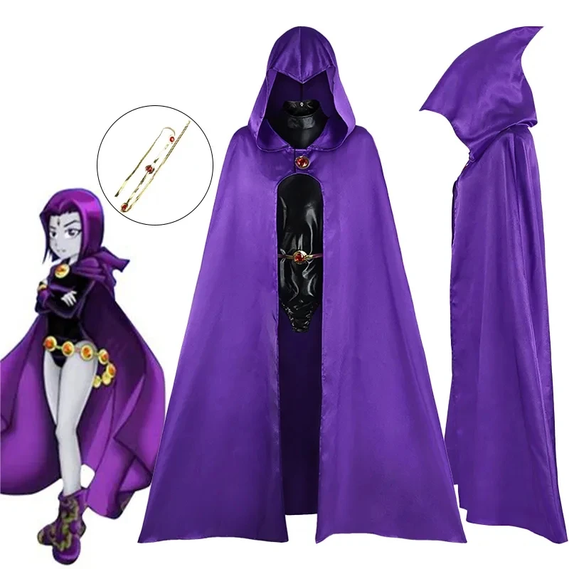 

New Teenage Titan Super Hero Crow Role Playing Costume Women's Black Tights Purple Hooded Cloak Bodysuit Halloween Party Costume