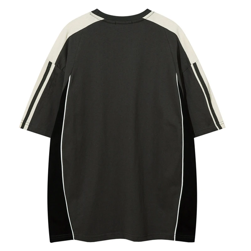 Letter Print Short Sleeve T-shirt Mens Summer Casual Crew Neck Contrast Paneled Cotton Loose Tee Couple Streetwear_voghion.com