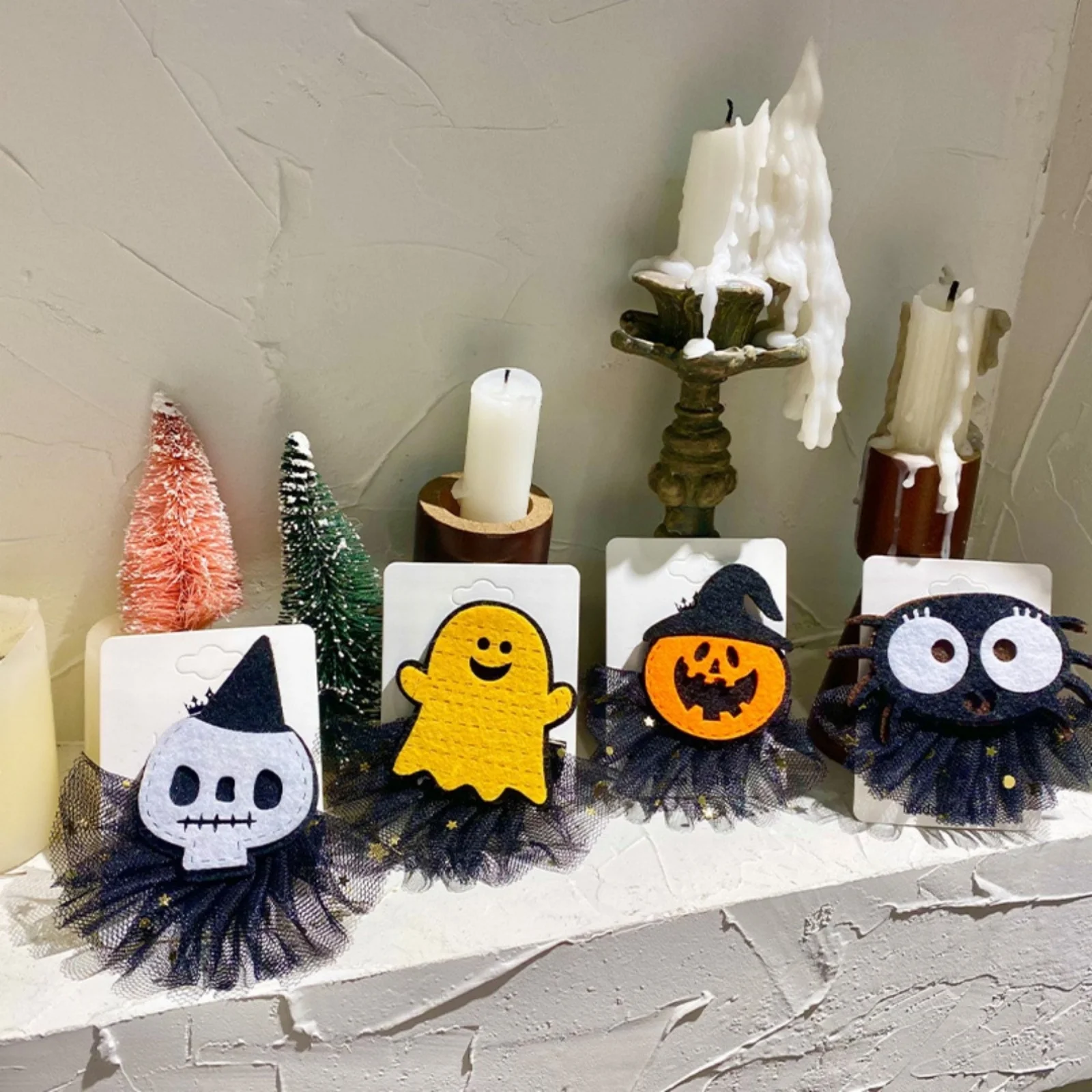1PC Halloween Hair Clips Set, Skull, Pumpkin, Ghost, Spider Hairpins With Tulle Decor, Hair Accessories For Kids Girls