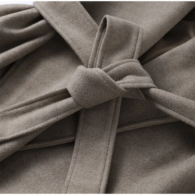 Solide Große Revers Gürtel Lange Woolen Frauen Mantel Elegante Volle Hülse Spitze Up Mantel 2025, Herbst Winter Wrap Stil Oberbekleidung – Detail 11
