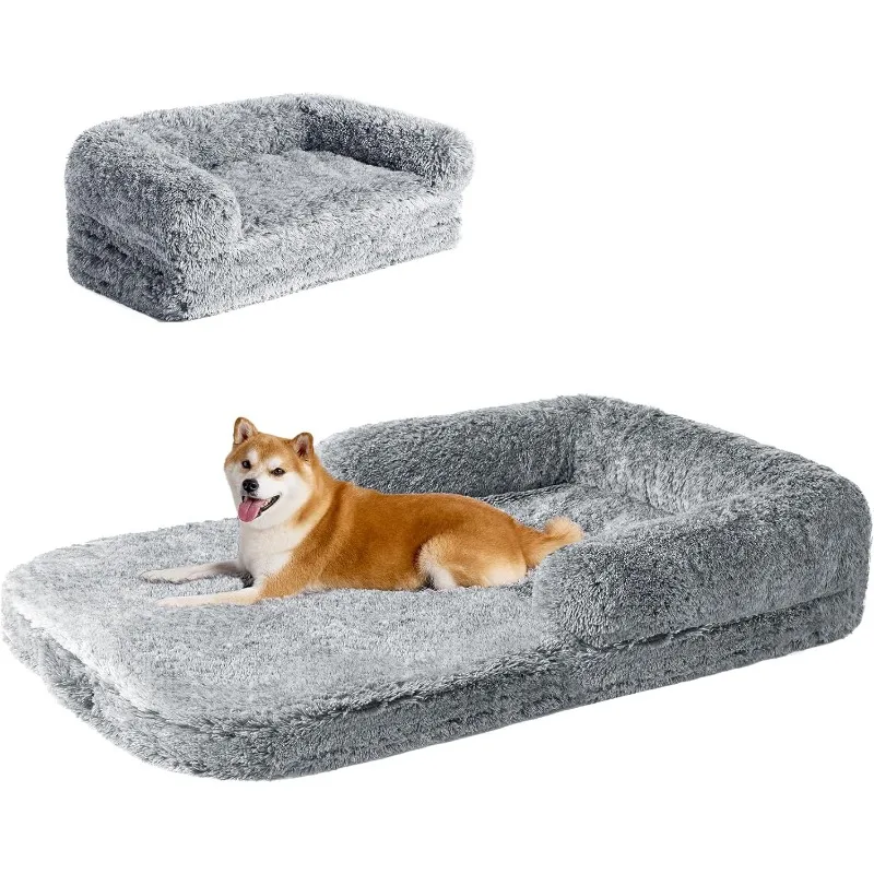 Foldable XXL Dog Bed, Faux Fur Fluffy Dog Bed for Extra Large Dogs, Orthopedic Calming Memory Foam Big Couch Bed