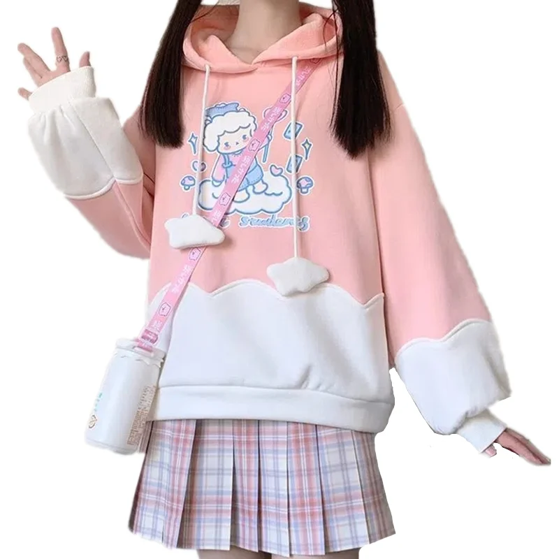 

Autumn Kawaii Women Sweet Hoodies Cute Cartoon Print Raglan Long Sleeve Hooded Sweatshirt JK Girl Clouds Drawstring Pullovers