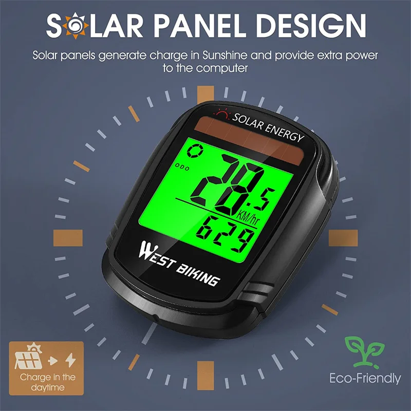 WEST RADFAHREN Solar Energie Bike Computer Drahtlose Stoppuhr Radfahren Bike  Lcd-computer-geschwindigkeitsmesser-grüne Temperatur MTB Fahrrad Computer