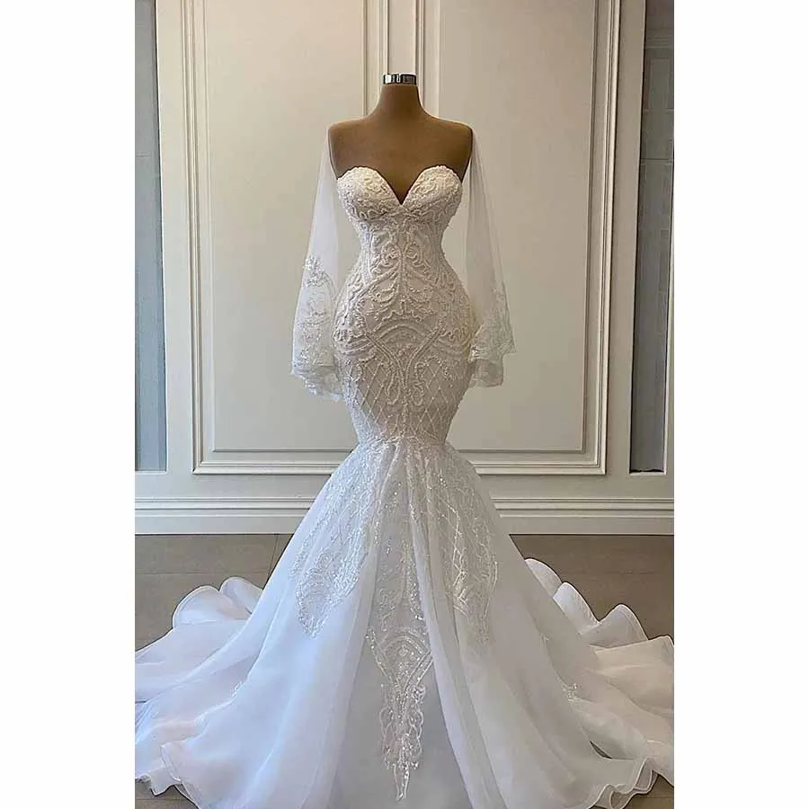 

Женское свадебное платье с длинным рукавом, элегантное белое платье с аппликацией в виде сердца, с длинным рукавом, со шлейфом и бусинами, для торжественных случаев, 2024