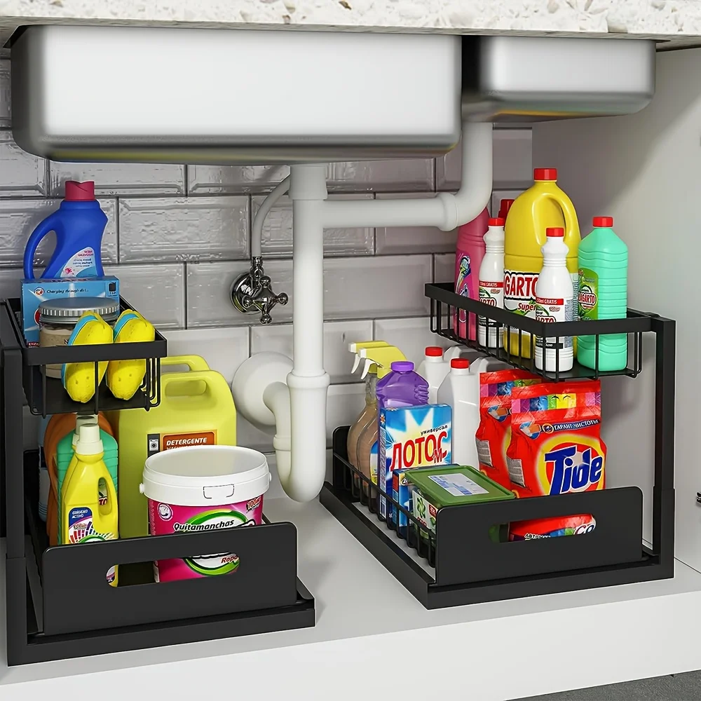 2-Tier Sliding Under Sink Organizer - Rustproof Metal Storage for Kitchen & Bathroom Cabinets,Ideal for Cleaning Supplies