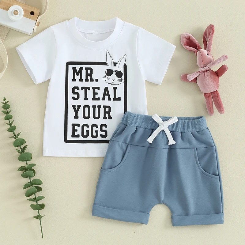 

2023-12-09 Lioraitiin Summer Toddler Baby Boy Outfits Letter Print Round Neck Short Sleeve Tops+Elastic Waist Shorts Infant Set