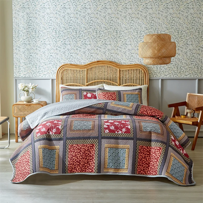 3pcs/set Bedspread Set,American Style Bed Cover+Pillowcase,Pastorl Home Patchwork,Mattress Topper Sheet Blanket Twin King Full