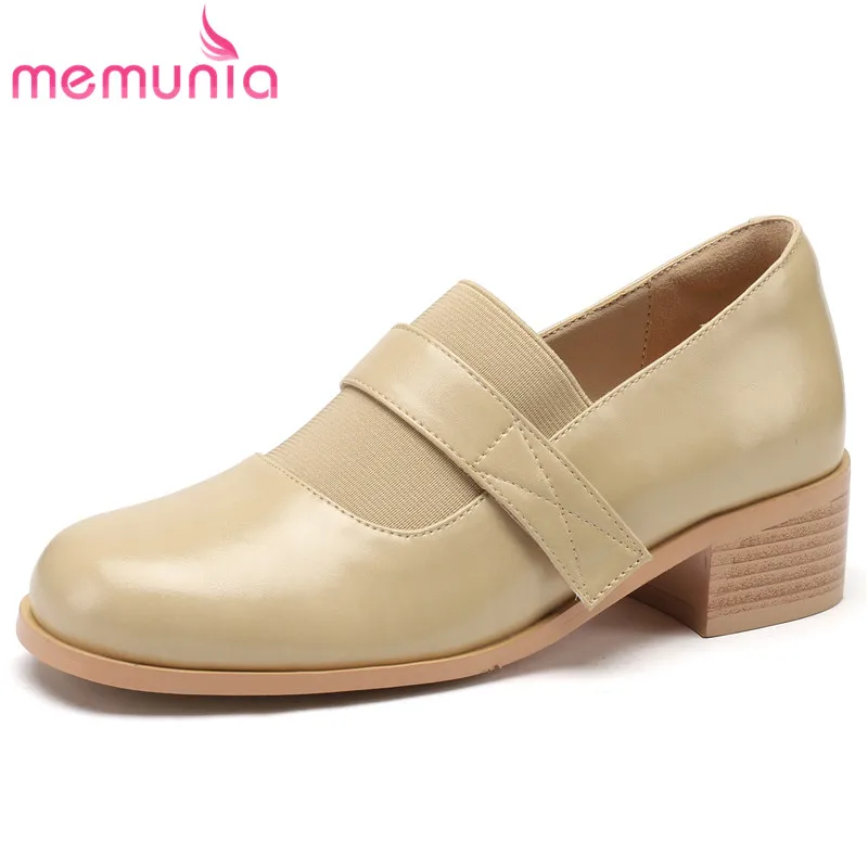 

MEMUNIA 2023 Size 33-43 New Genuine Leather Slip On Spring Shoes Square Med Heels Single Shoes Classics Ladies Dress Pumps