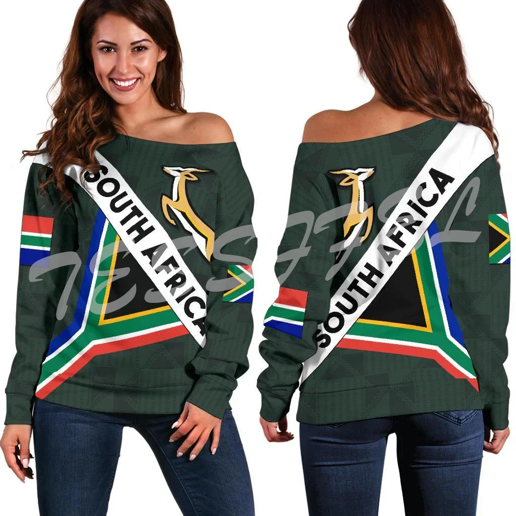 South Africa Country Flag Tattoo Tribe Retro Vintage Off Shoulder Sweatshirts Long Sleeves 3DPrint Harajuku Women Funny Casual L